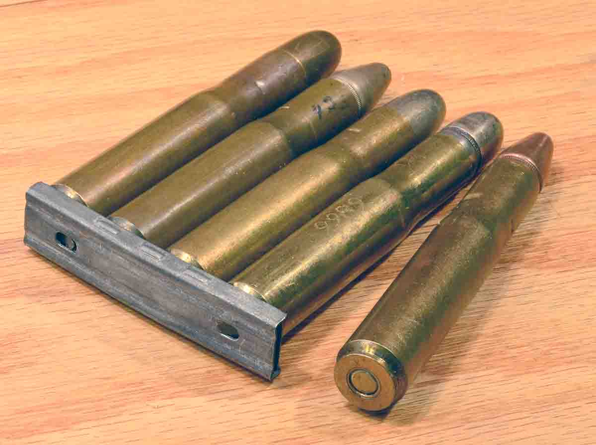 With its rebated rim fitting into Mauser stripper clips, and the clips into the slot on the military Mauser action, the Westley Richards bolt rifle could be loaded in an instant. Longer clips were required to hold five cartridges, but mil­itary clips hold four rounds comfortably.